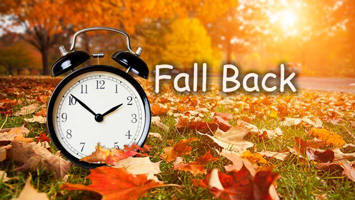 Fall Back. An alarm clock sits in a pile of fall leaves.