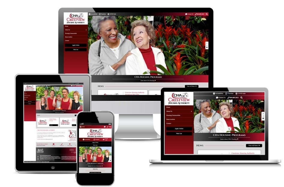 The desktop, tablet, laptop, and mobile views of the new Crestview Housing Authority website.