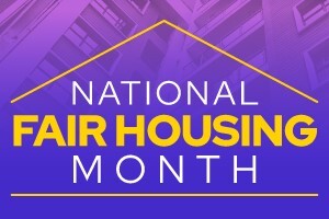Outline of a house in the background with text that reads National Fair Housing Month